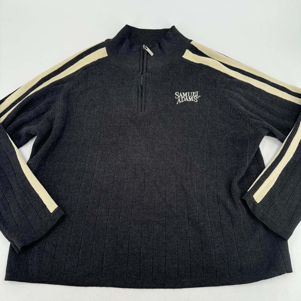 Samuel Adams Beer MENS Dark Gray Cream Striped 1/4 Zip Pullover Sweater SIZE XL